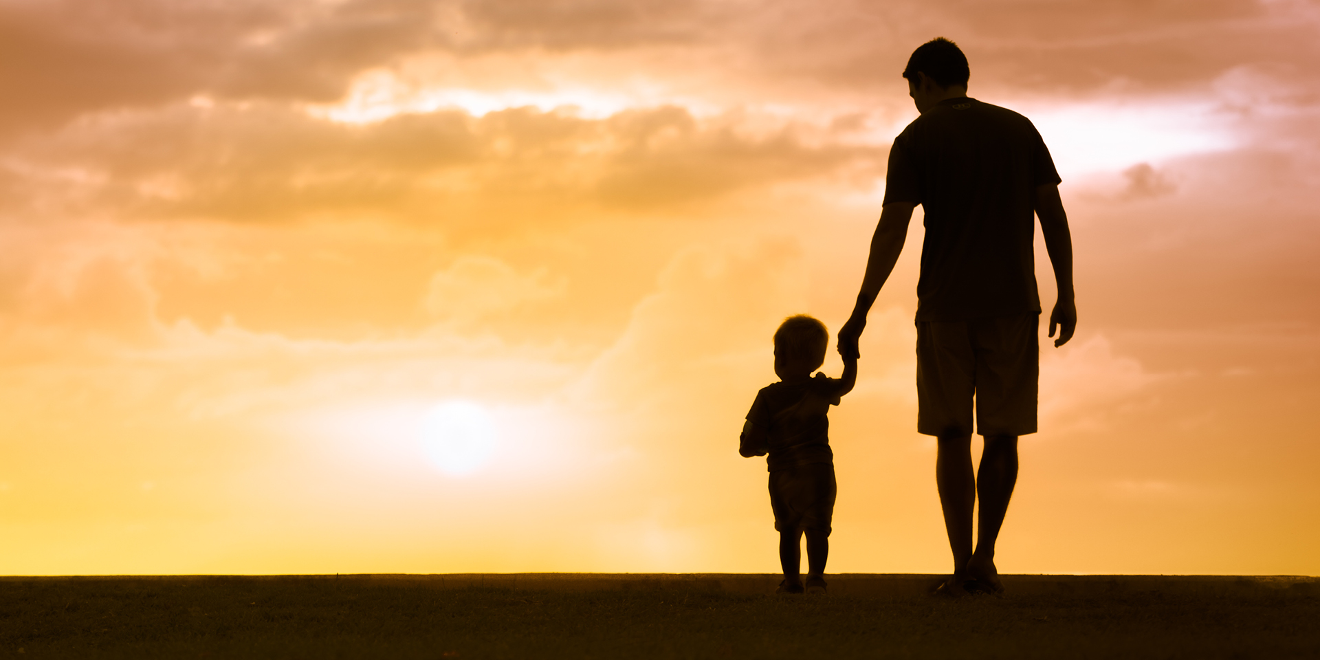 silhouette of father and young son walking