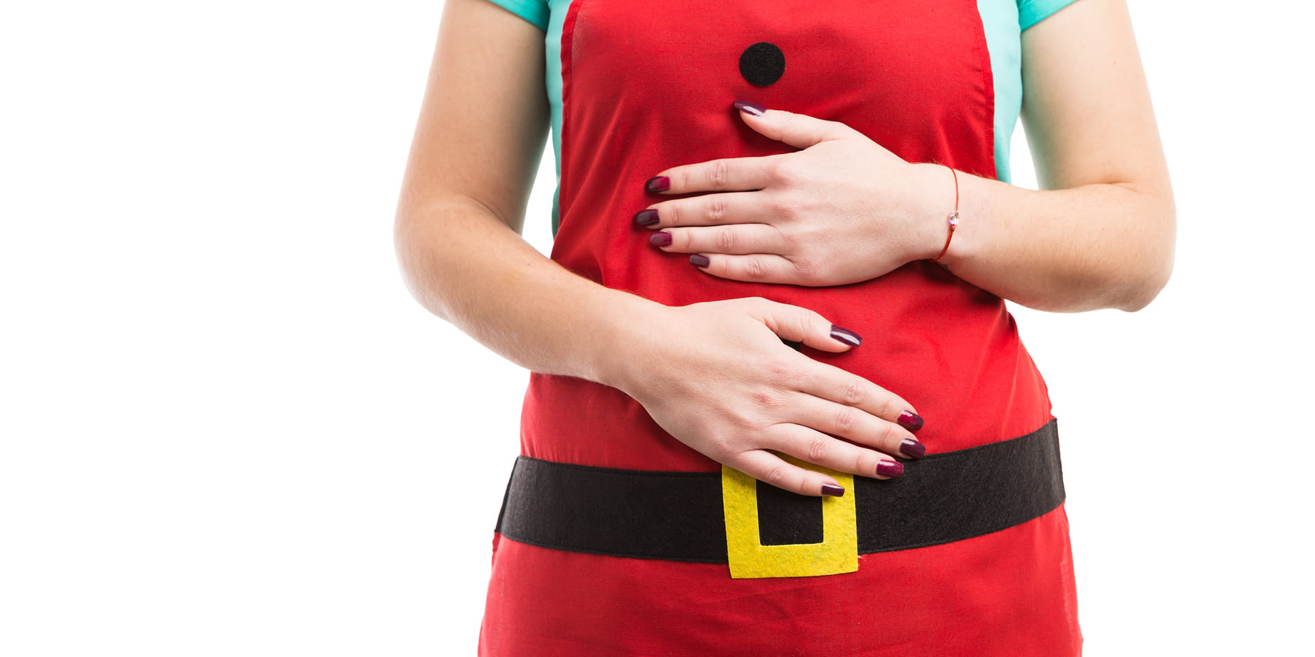 woman in santa apron, hand on belly