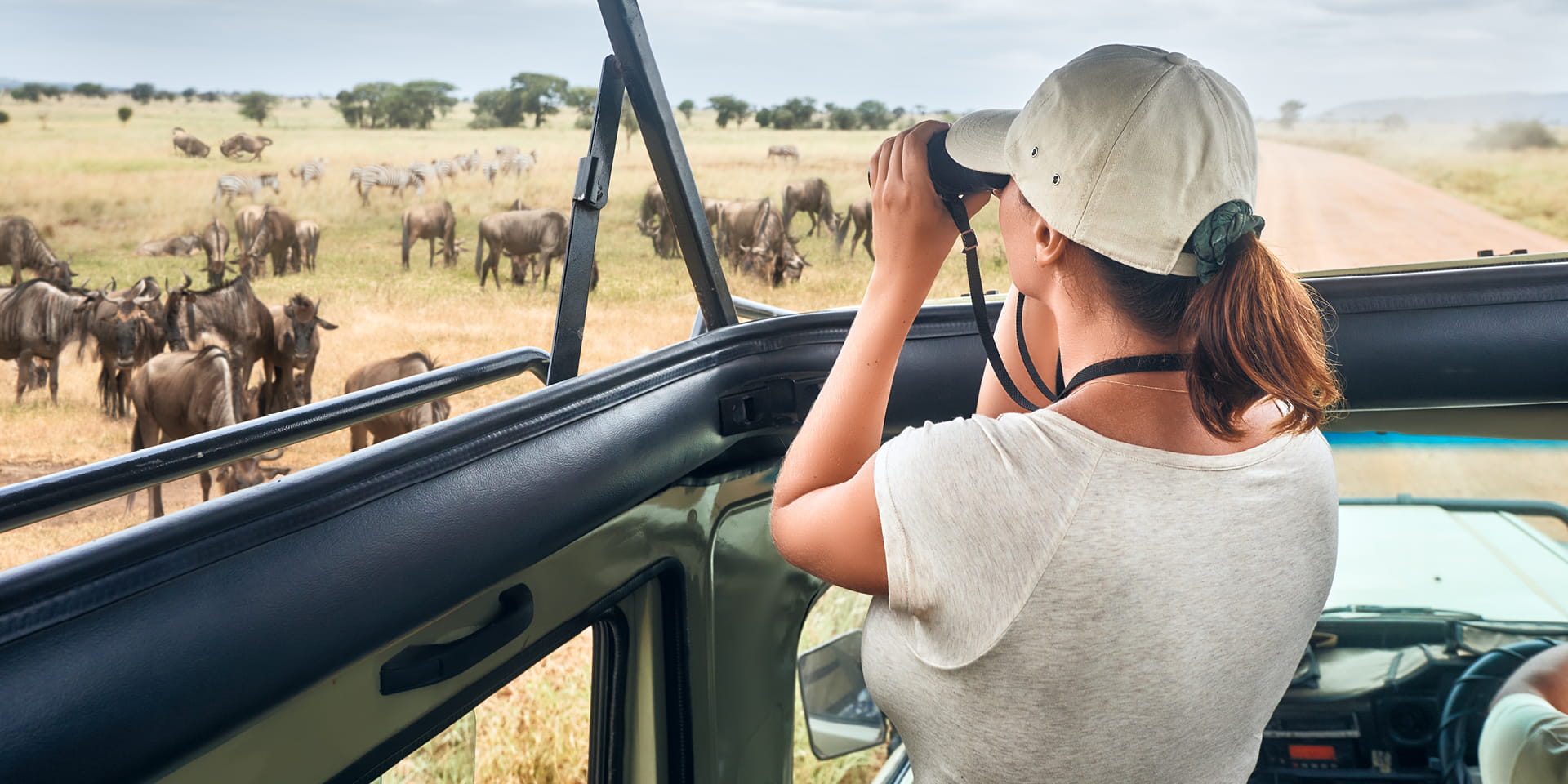 woman on safari looking through binoculars