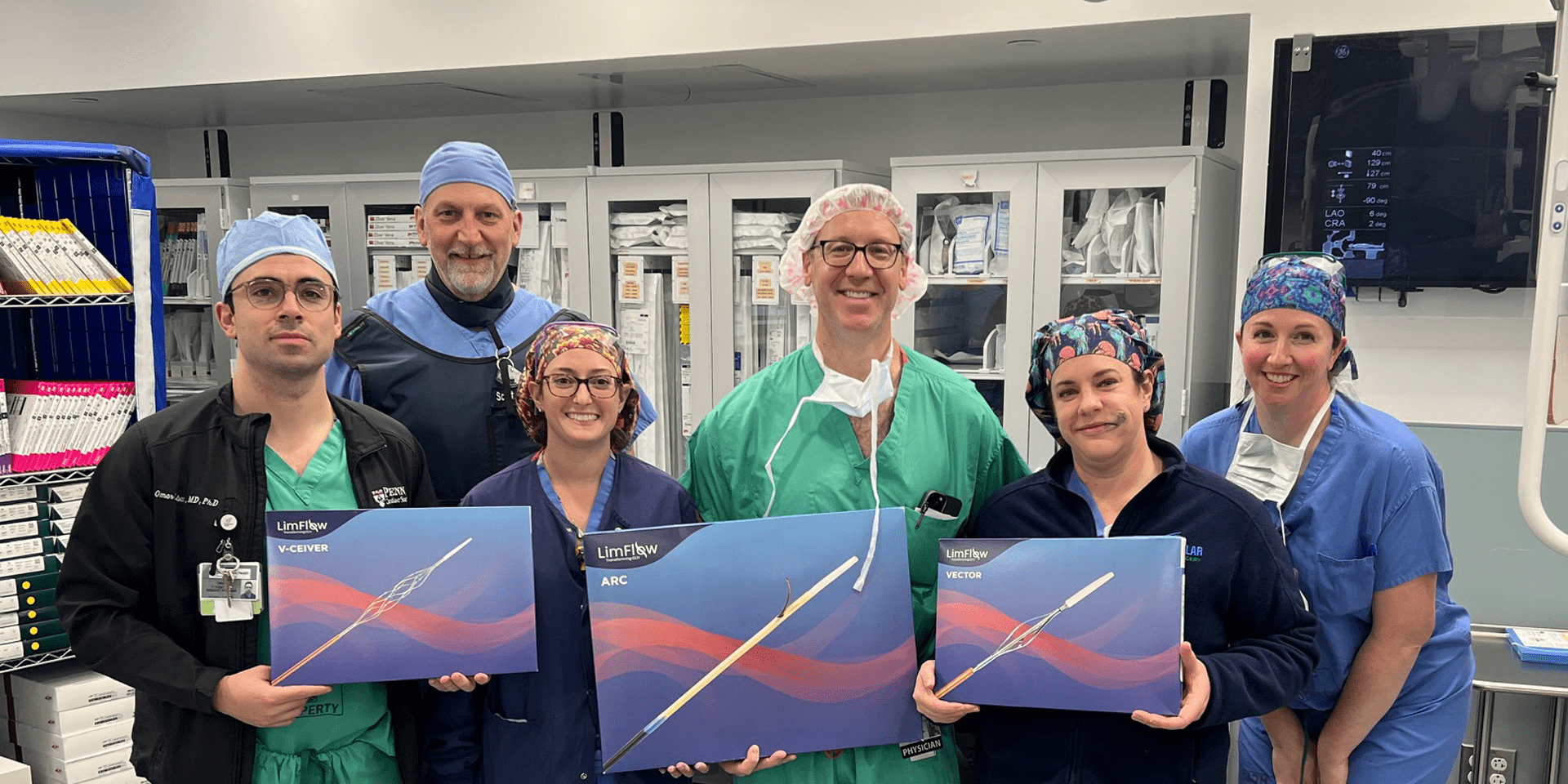 Gathering after the procedure (from left) are Omar Toubat, MD, PhD, resident in the Integrated Cardiac Surgery Program at the Hospital of the University of Pennsylvania, and Doylestown Health Vascular Surgery Operating Room (OR) team members Scott Malinowski, RT, radiology tech; Lisa Mothes, BSN, OR nurse; Paul J. Foley III, MD, vascular surgeon; Christin Cantwell, BSN, OR nurse; Jennifer Costello, RN, radiology tech. | Doylestown Health